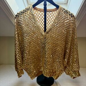 Vintage 1980’s Crocheted Gold Sequin Batwing Sweater Maybe Lillie Rubin RARE